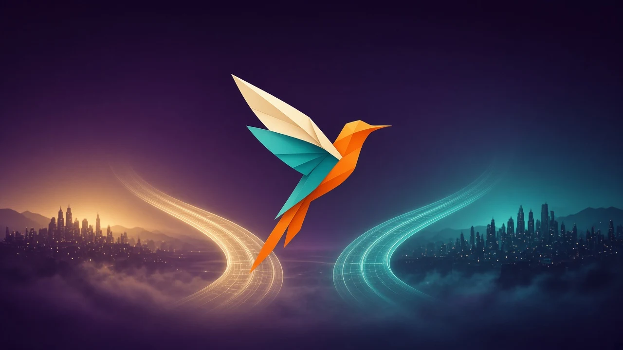 Home of Creativity hummingbird mark weaving bridges of light between distant cities