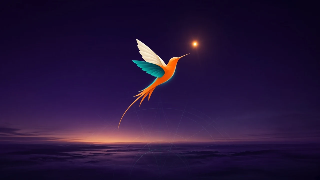 Home of Creativity hummingbird mark hovering like a compass over a dark horizon
